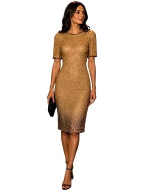 Black Tie Silk Beaded‎ Midi Dress 12 Gold Ombre Formal Vintage 80s Short Sleeve